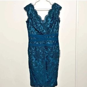 Tadashi Shoji Lace V Neck Sheath Dress Blue Lace 10 NWT